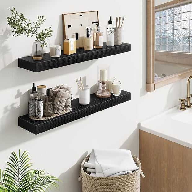 Fun Memories Floating Shelves 30 Inch, Wall Mounted Wood Shelf Set of 2, Farmhouse Decor for Bathroom, Bedroom, Kitchen, Living Room, Black