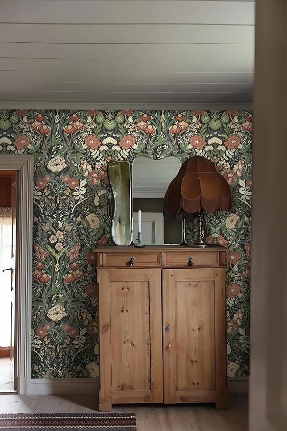 Vintage Wallpaper Peel and Stick Floral Wall Paper Removable Waterproof Green/Black/Yellow Contact Paper for Bedroom, Bathroom, Home Wall 17.3" x 118"