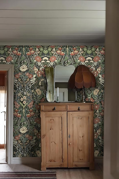 Vintage Wallpaper Peel and Stick Floral Wall Paper Removable Waterproof Green/Black/Yellow Contact Paper for Bedroom, Bathroom, Home Wall 17.3" x 118"