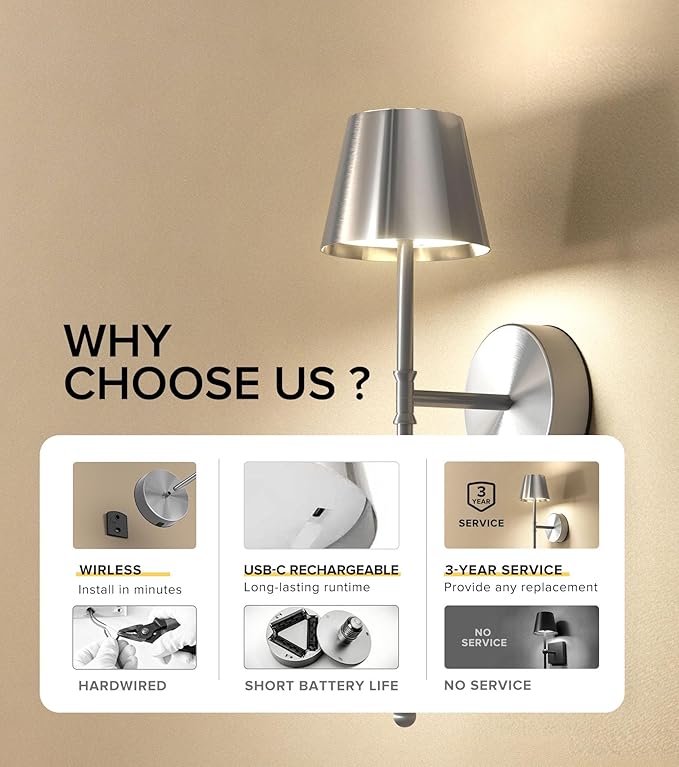UME Wireless Sconces Set of 2 with Remote, 5200mAh Battery Powered Sconces - Small Rechargeable Sconces w/ 3 Color Temps & 5 Brightness Levels for Bedroom, Living Room, Wall Painting, Cafe (Silver)