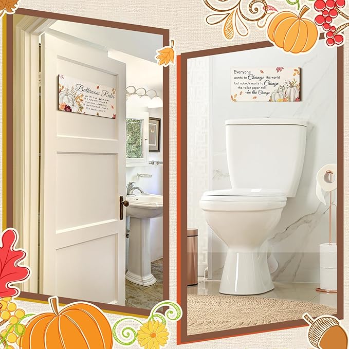 Jetec 2 Pieces Funny Bathroom Signs Bathroom Wall Decor Toilet Wall Accessories Farmhouse Toilet Rustic Wooden Signs, 12x6 Inch(Fall Style)