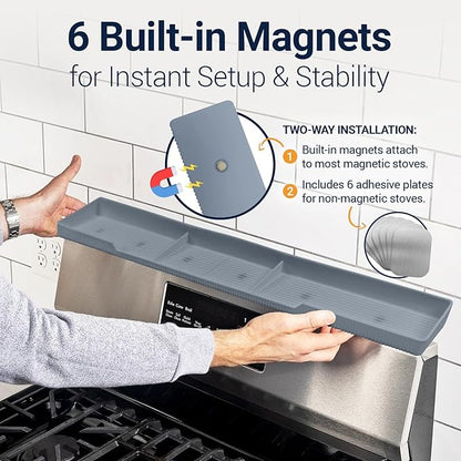 Silicone Magnetic Stove Shelf For Back Of Stove - Over The Stove Shelf, Magnetic Stove Top Shelf, Over The Stove Spice Rack, Oven Shelf For Top Of Stove, Heat Resistant, Includes 6 Extra Plates, Gray