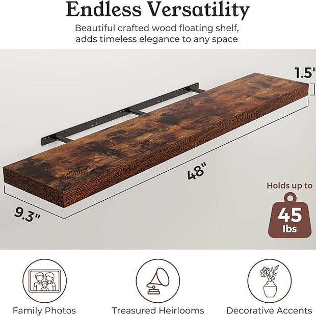 Floating Shelves for Wall, 9.3" Deep Wall Mounted Wood Shelves for Bathroom, Bedroom, Living Room, Kitchen, Hanging Shelf for Books/Storage/Room Decor (Brown, 48")