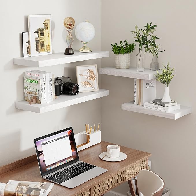 Fun Memories 16 Inch Long Floating Shelves in White, 9.3 Inch Deep Floating Shelf for Wall, Living Room, Kitchen, Rustic Deep Wood Shelves for Bathroom, 2 Pack Storage Display Shelf for Books, Decor