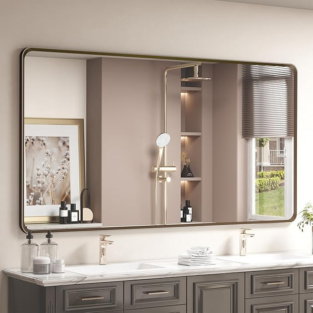 OKPAL 66x36 Bronze Bathroom Vanity Mirror, Brushed Metal Framed Bathroom Mirror, Rounded Bronze Rectangle Mirror for Farmhouse, Bedroom, Anti-Rust (Horizontal/Vertical)
