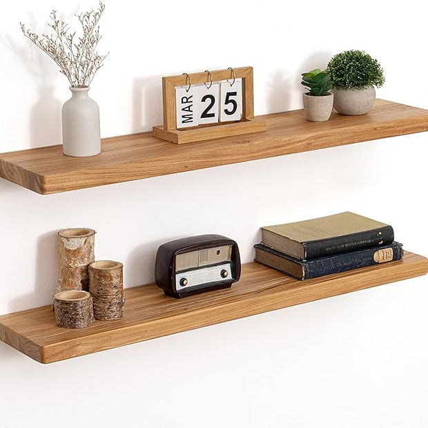 Floating Shelves for Wall, 36"Wx8"D Rustic Solid Elm Wood Floating Shelves Wall Mounted, Round Edge Wall Shelves with Invisible Bracket for Living Room Bathroom Bedroom Kitchen, Set of 2, Natural