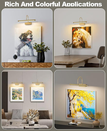 Picture Light for Wall with Remote,Brass Rechargeable Art Light,Wireless Battery Operated Wall Sconce, 3 Color Modes,16" Painting Light Over Picture Frame,Artwork,Photos,Gallery