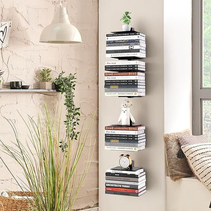 Invisible Floating Bookshelf for Wall, 8 Tier Vertical Spine Book Tower Wall Mounted, Heavy-Duty Metal Book Organizers for Home Office, 4 Pack Black