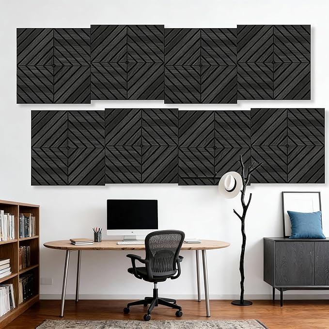 WoveN SounD Artisan Acoustic Wall Panels, 16 Pack 12x12 Inch, Wood Veneer Carved Sound Proof Wall Decor, Self-Adhesive for Home, Studio, Office & Focus Zones, Twill Pattern, Black Oak