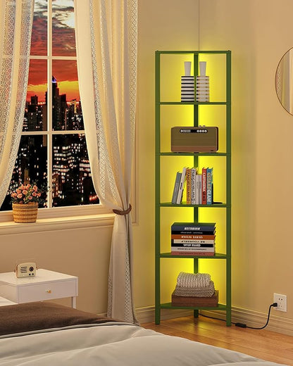 TUTOTAK Corner Shelf with LED Light, 6-Tier Corner Bookshelf for Small Space, Narrow Display Corner Shelf Stand with Storage Rack, for Living Room, Bedroom, Olive Green BS05BOG006L