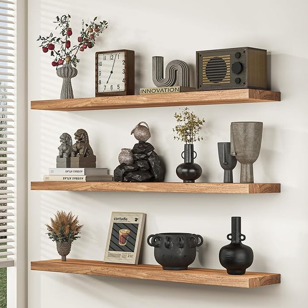 Fun Memories Floating Shelves for Wall, 36"x9.3" Rustic Solid Elm Wood Shelves, Heavy-Duty Wall Mounted Shelf with Invisible Brackets, Set of 2 for Living Room, Bedroom, Kitchen, Natural Finish