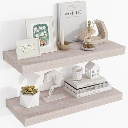 24 Inch Floating Shelves, 3D Textured Wood Grain, 24"x9.25"x1.5" Inch Deep Floating Shelves for Wall, Wooden Shelves for Bathroom, Bedroom, Living Room, Washed White, 2 Pieces