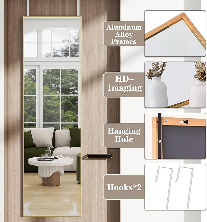 Full Length Door Mirror 14x48, Metal Frame with Protective Film, No-Drilling Hanging or Wall Mount (Horizontal/Vertical), Hooks & Hardware Included, Full Body Mirror for Bedroom, Dorm, Gold