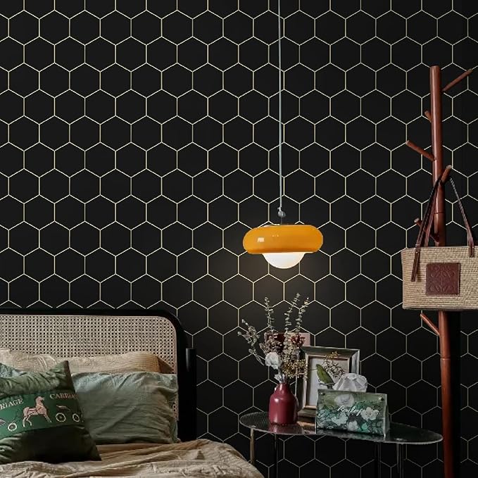 Black Geometric Wallpape Peel and Stick Wallpaper Gold and Black Contact Paper 17.3”×393”Decorative Shelf Draw er Liner Roll Waterproof