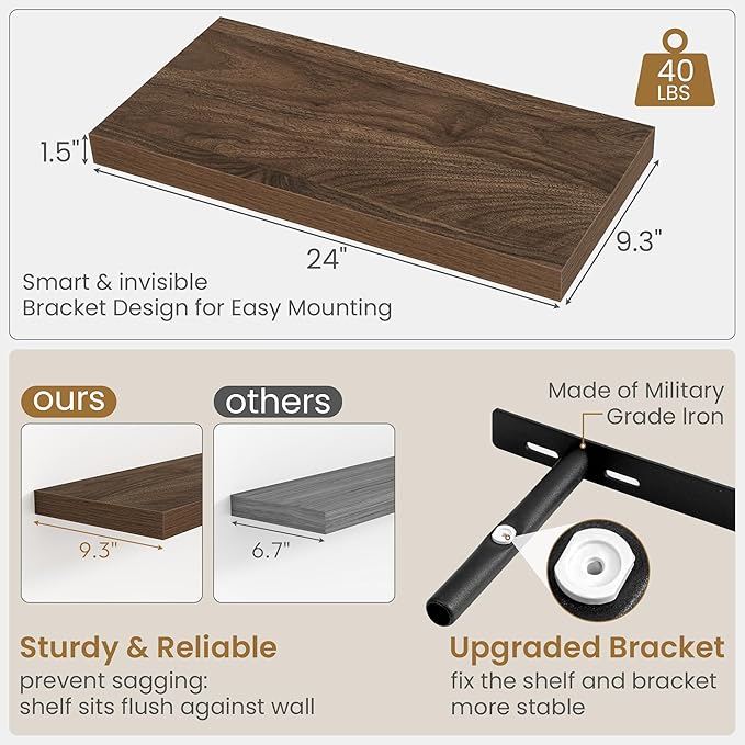 Fun Memories Floating Shelves 24 Inch Long, 9.3 Inch Deep Floating Shelf for Lving Room, Bedoom, Kitchen, Deep Wall Shelves for Bathroom, 2 Pack Storage Display Shelf for Books, Decors, Walnut