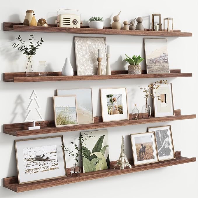 48 Inch Walnut Modern Wall-Mounted Wooden Picture Ledge Bookshelf Set of 4, Floating Shelves