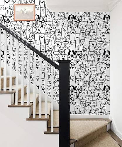 393"x17.3" Peel and Stick Wallpaper Contact Paper Black and White Wallpaper Modern Dog Animal Wall Paper Textured Self Adhesive Removable Wallpaper for Nursery Kids Room Shelf Liner Vinyl Roll