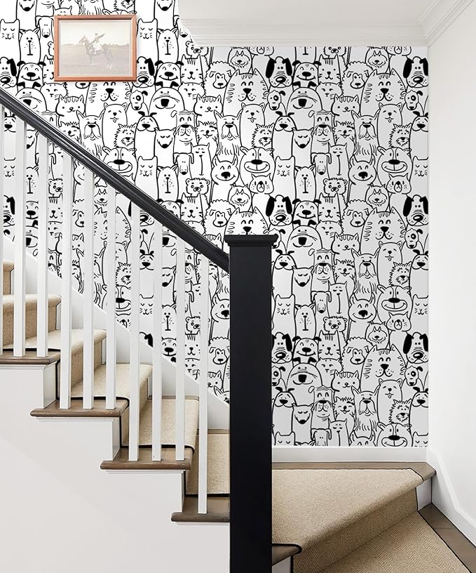 Peel and Stick Wallpaper Contact Paper Black and White Wallpaper Modern Dog Animal Wall Paper Textured Self Adhesive Removable Wallpaper for Nursery Kids Room Shelf Liner Vinyl Roll 78.7"x17.3"