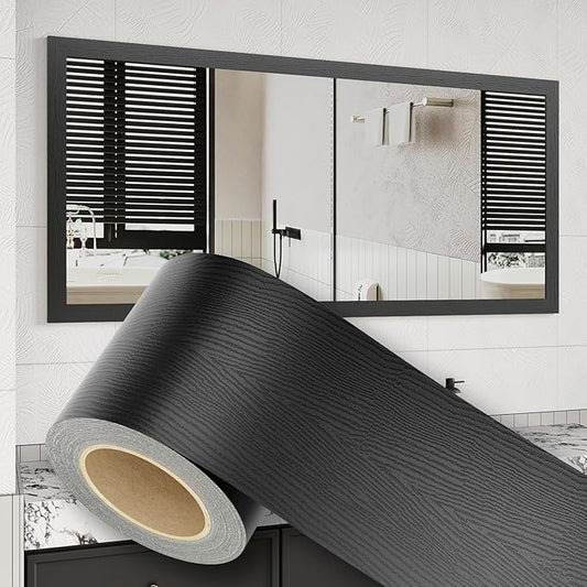 10M Peel and Stick Wallpaper Borders 390” x 2.36” Self Adhesive Mirror Frame Border Wood Grain DIY for Kitchen Bathroom Mirror Removal Border Sticker Wall Decor Cover 6.4 Sq.Ft, Black Wood