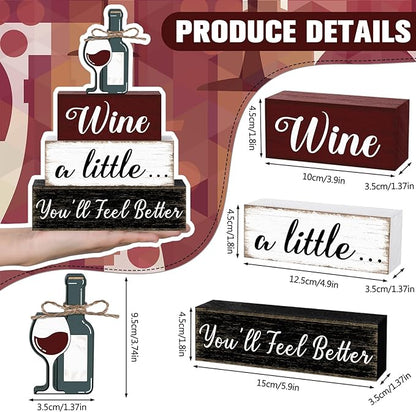 Marsui 4 Pcs Wine Tabletop Decor Rustic Coffee Bar Tiered Tray Decor Decorative Wood Wine Bottle Block Sign Gift Wooden Farmhouse Table Centerpiece for Home Party Shelf Desk Decoration