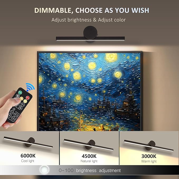 ZitoStory Battery Operated Picture Light with Remote,Wireless Dimmable Art Lights for Paintings Rechargeable Gallery Light Artwork Lighting for Canvas, Portrait (Black,11.41'' Inch)