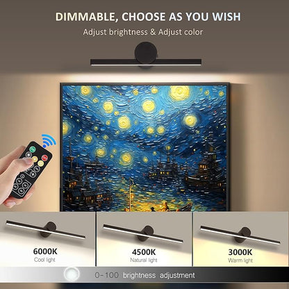 ZitoStory Battery Operated Picture Light with Remote,Wireless Dimmable Art Lights for Paintings Rechargeable Gallery Light Artwork Lighting for Canvas, Portrait (Black,11.41'' Inch)