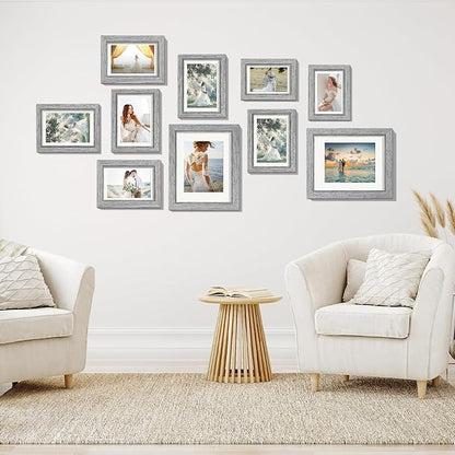 Picture Frames, Made of Real Glass and Wooden Frame, Gallery Photo Frames Set of 10 for Collage Wall Decor, Multi Sizes Including 8x10, 5x7, 4x6 for Mounting or Tabletop Display, Grey