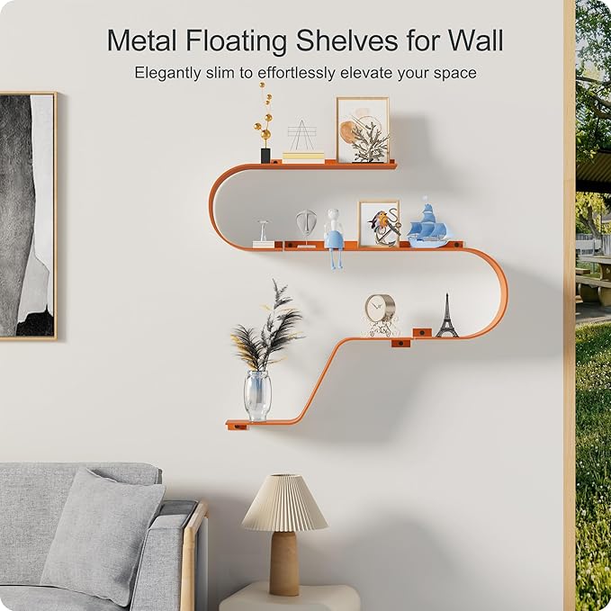 Orange Floating Shelves Set of 3, Orange Metal Decor, Unique Mounted Floating Shelf, Modern Long Wall Shelf, Large Wall Shelves for Bedroom, Bathroom, Living Room