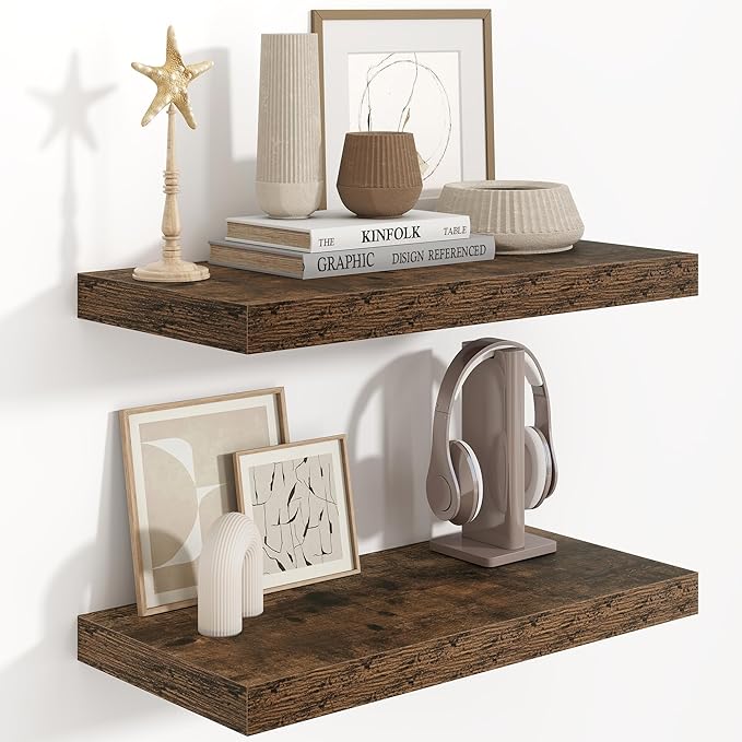 Fun Memories Floating Shelves 24 Inch Long, 9.3 Inch Deep Floating Shelf for Lving Room, Bedoom, Kitchen, Deep Wall Shelves for Bathroom, 2 Pack Storage Display Shelf for Books, Decors, Rustic Brown