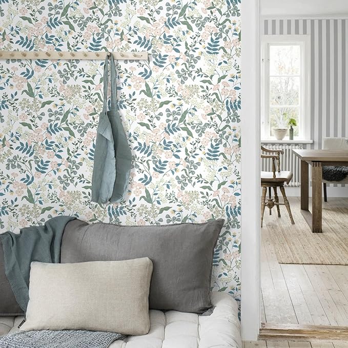 Floral Peel and Stick Wallpaper Boho Blue Floral Contact Paper Vintage Pink Flower Wallpaper Self Adhesive Removable Wall Paper for Bedroom Bathroom Cabinets Waterproof Vinyl Roll 17.3"x78.7"