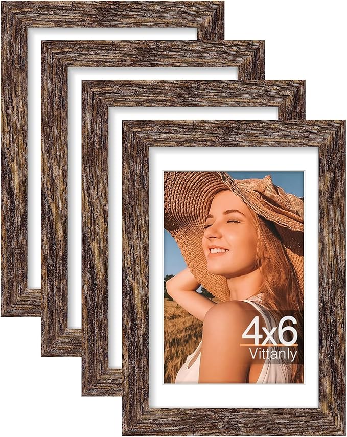 Vittanly 4x6 Picture Frames Set of 4, Display Pictures 3.5x5 with Mat or 4x6 without Mat, Small Photo Frames for Wall or Tabletop, Engineered Wood with Shatter Resistant Plexiglass, Rustic Brown