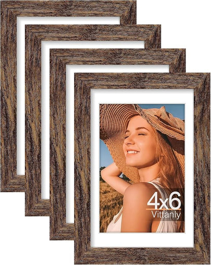 Vittanly 4x6 Picture Frames Set of 4, Display Pictures 3.5x5 with Mat or 4x6 without Mat, Small Photo Frames for Wall or Tabletop, Engineered Wood with Shatter Resistant Plexiglass, Rustic Brown