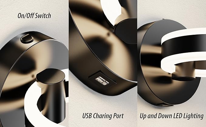 LED Wall Sconces with ON/Off Switch, Matte Black Rotatable Hardwired Wall Light Fixtures, Built in USB Charging Port, Modern Wall Decor for Bed Lighting.