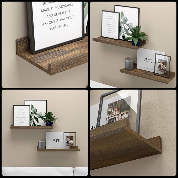 Floating Shelves for Wall, Wall Mounted Shelves Set of 2, Rustic Shelves with Lip, Display Picture Ledge Shelf for Wall Decor Living Room Bathroom Kitchen - Brown