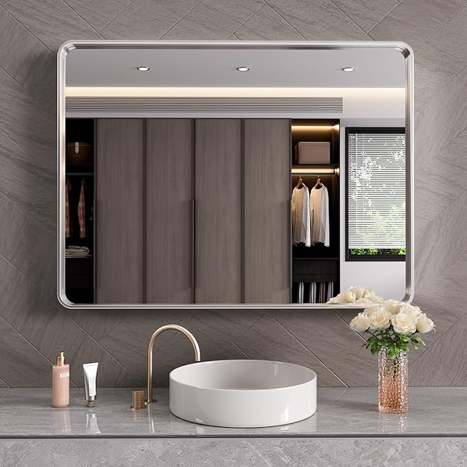 Brushed Nickel Bathroom Mirror 48x32 Inch, Brushed Silver Metal Frame Mirror Wall Mounted, Rounded Rectangle Bathroom Vanity Mirror, Tempered Glass, Anti-Rust, Horizontal/Vertical