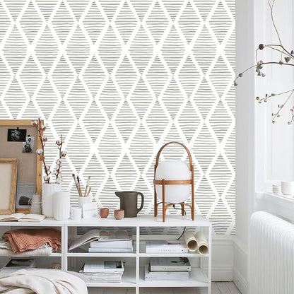 White and Silver Gray Peel and Stick Wallpaper 17.7"x120" Modern Striped Rhombus Wallpaper Vinyl Shelf Paper Drawer Liner Roll for Bedroom Living Room