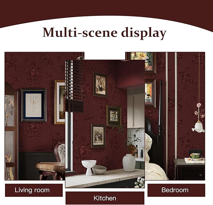 Dimoon 17.7''x393.7''Dark Red Peel and Stick Wallpaper Gothic Floral Wall Paper Contact Paper Closeout Renter Friendly Modern Self Adhesive(393.7''x17.7'', Dark Red Floral Textured)