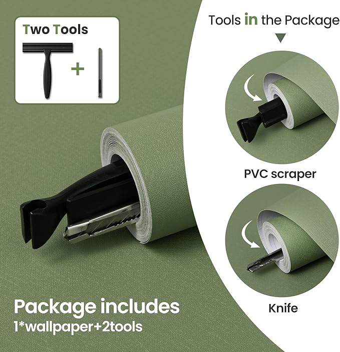 practicalWs Green Contact Paper Peel and Stick Wallpaper with Tools, Modern Removable Wall Paper for Bedroom Walls, 17.7'' x 590.5'' Self-Adhesive Thickened Wallpaper for Kitchen Cabinets and Drawers