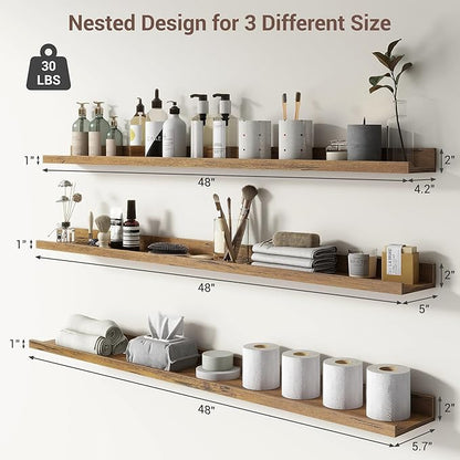 Axeman 48 Inch Floating Shelves | Brown Picture Ledge Shelf Set of 3 | Rustic Brown Wood Wall Shelves with Lip | 48" Picture Shelf for Wall with Ledge | Photo Shelves