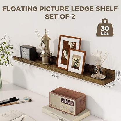 Axeman Picture Ledge Shelf | 24 Inch Floating Shelves Set of 2 | Rustic Brown Wall Shelves with Lip | Brown Picture Shelf for Wall with Ledge | Photo Ledges 24 Inch