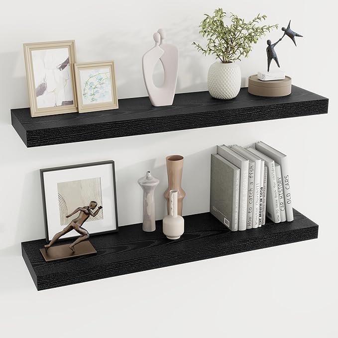 Dreamland 36 Inch Long Floating Shelves in Black,8 Inch Deep Floating Shelf for Wall,Large Display & Storage Shelf, Wall Shelf for Bathroom Bedroom Living Room Kitchen Office，Set of 2