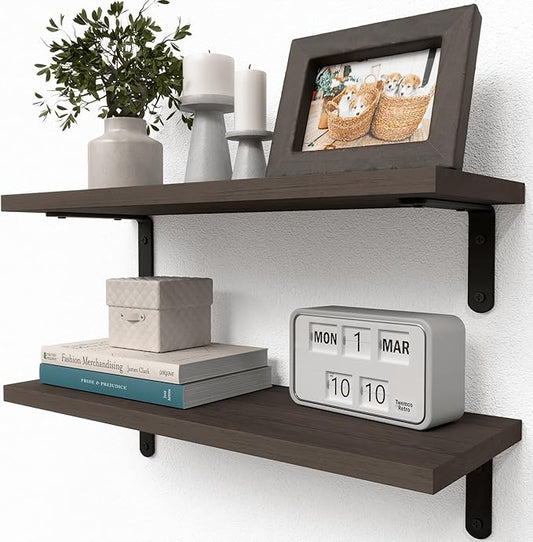 RICHER HOUSE Floating Shelves for Décor, Rustic Wood Wall Shelves for Bedroom Set of 2, Farmhouse Shelf for Bathroom, Hanging Shelves for Storage, Wall Mounted - Deep Brown