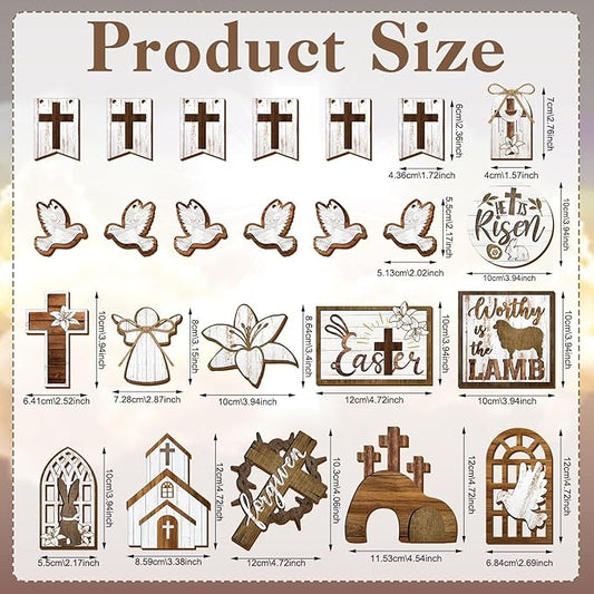 Amyhill 31 Pcs Religious Easter Tiered Tray Decor Christian Easter Decorations He is Risen Christian Wooden Signs Farmhouse Cross Lily Dove Table Decor for Home Kitchen Shelf Coffee Bar