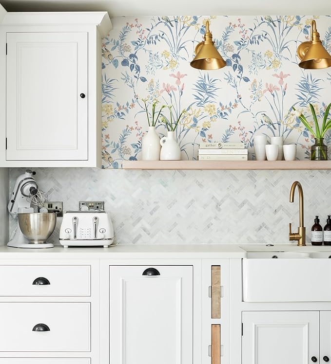 Erfoni 16.9" x197" Modern Floral and Birds Wallpaper Flower Removable Peel and Stick Wallpaper for Bedroom Decorative Self Adhesive Wall Paper Boho Floral Leaf Contact Paper for Accent Walls Covering