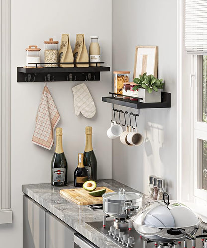Wood Floating Shelves with Metal Hooks, Wall Mounted Coat Rack with Shelf Set of 2, Bathroom Wall Shelf with Removable Towel Bar, Hanging Shelves with 9 Hooks for Kitchen Entryway Coffee Bar, Black