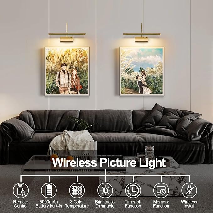 Picture Light for Wall with Remote,Brass Rechargeable Art Light,Wireless Battery Operated Wall Sconce, 3 Color Modes,16" Painting Light Over Picture Frame,Artwork,Photos,Gallery
