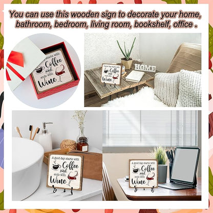 Coffee And Wine Desk Decor Sign, Rustic Wooden Sign With Stand, A Good Day Starts With Coffee And Ends With Wine Sign For Farmhouse Home Kitchen Bar Shelf Table, Gifts For Family Friend Coworker-05