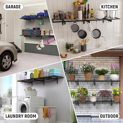 Garage Wall Shelves, 46"X12.5" Garage Shelving Wall Mounted, Heavy Duty Shelf Storage Rack with 4 Hooks, Black Organizer Floating Metal Shelf 160 LBS Capacity for Office, Basement, Laundry Room