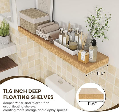 48 Inch Oak Floating Shelf | 12 Inch Deep Floating Shelves Set of 1 | 48" D x 12" D Rustic Wood Shelves for Wall | Deep Oak Shelves for Living Room Bathroom Laundry Room Kitchen