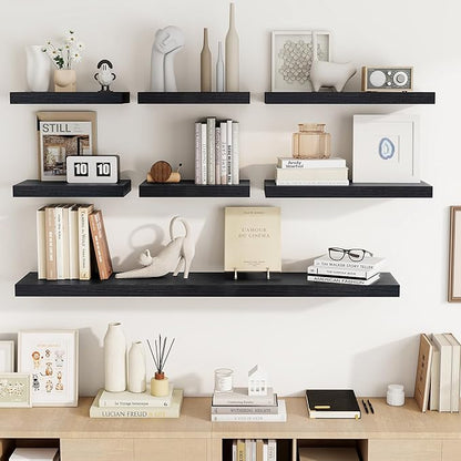 32 Inch Floating Shelves, 3D Textured Wood Grain, 32"x9.25"x1.5" Inch Deep Floating Shelves for Wall, Wooden Shelves for Bathroom, Bedroom, Living Room, Black, 2 Pieces